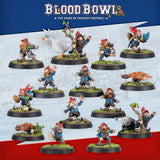 A lineup of colorful Blood Bowl gnome miniatures in blue, red and brown outfits, with beards, pointed hats and animal companions, stands on separate grassy bases. The top reads “BLOOD BOWL” and “THE GAME OF FANTASY FOOTBALL.”