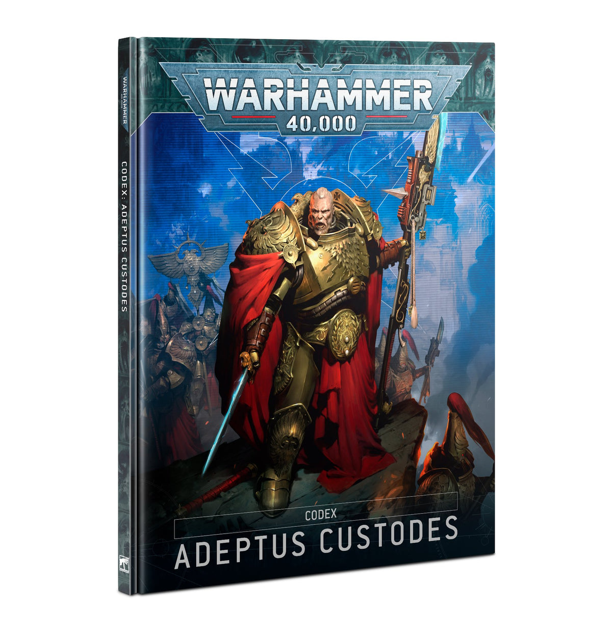 Front cover and spine of a Warhammer 40,000 Codex: Adeptus Custodes book. The cover shows a gold-armored warrior with a red cape, sword, and tall staff against a blue battlefield; it reads “WARHAMMER 40,000” and “CODEX ADEPTUS CUSTODES.”