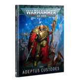 Front cover and spine of a Warhammer 40,000 Codex: Adeptus Custodes book. The cover shows a gold-armored warrior with a red cape, sword, and tall staff against a blue battlefield; it reads “WARHAMMER 40,000” and “CODEX ADEPTUS CUSTODES.”