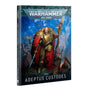 Front cover and spine of a Warhammer 40,000 Codex: Adeptus Custodes book. The cover shows a gold-armored warrior with a red cape, sword, and tall staff against a blue battlefield; it reads “WARHAMMER 40,000” and “CODEX ADEPTUS CUSTODES.”