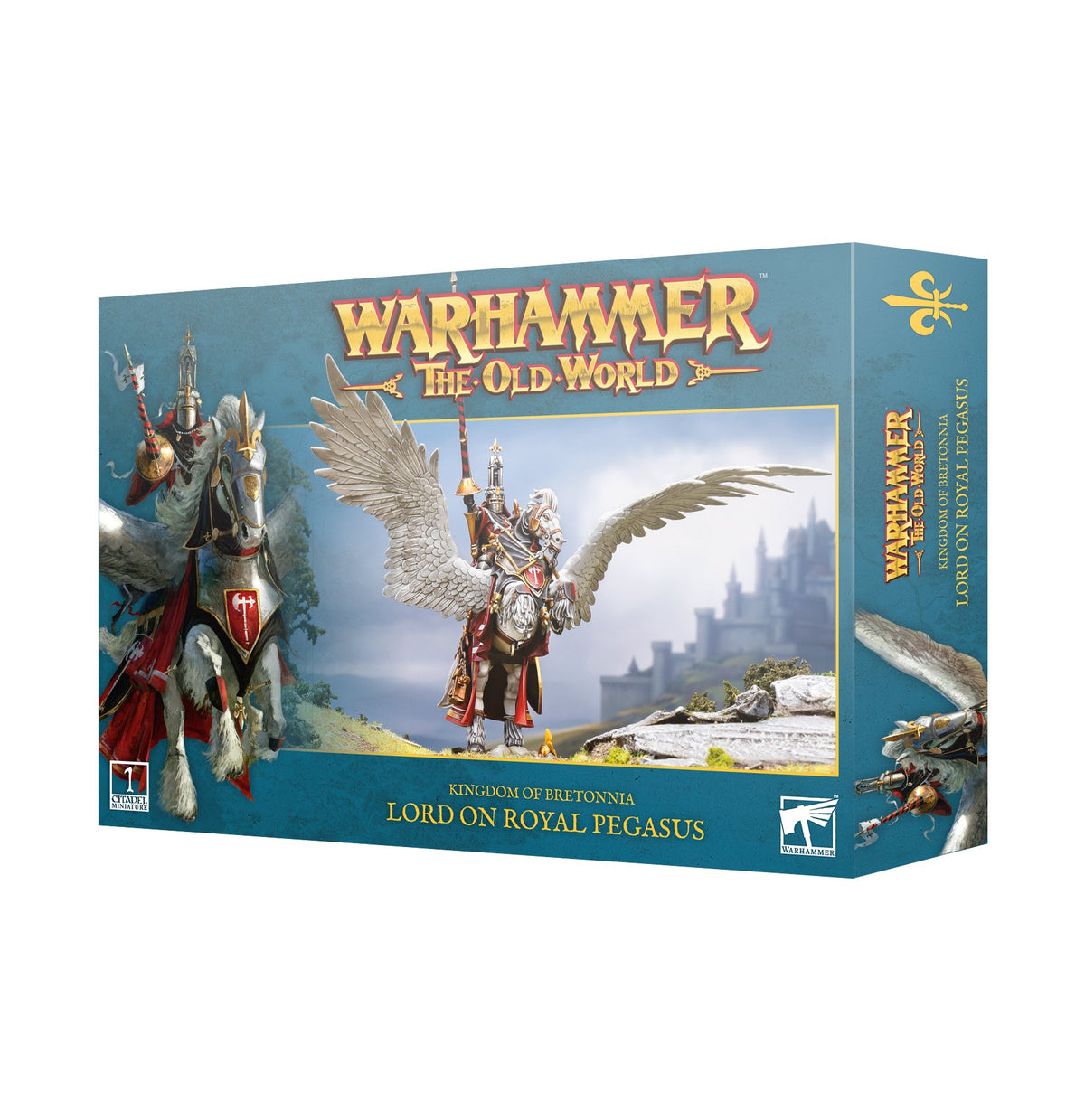 Teal game box showing an armored rider on a white, feathered Pegasus and another mounted knight on the front, with Pegasus artwork on the side panel. The box reads “WARHAMMER THE OLD WORLD” and “LORD ON ROYAL PEGASUS.”