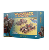 Teal Kingdom of Bretonnia: Men-at-Arms game miniature box, shown from the front and right side. The front depicts rows of armored soldiers with polearms and shields beside a larger soldier; prominent lettering reads “WARHAMMER THE OLD WORLD” and “MEN-AT-ARMS.”