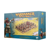 Blue-green box for Bretonnia Peasant Bowmen, with a large archer illustration at left and a regiment of miniature bowmen behind defensive stakes across the front. The front reads “WARHAMMER THE OLD WORLD” and “KINGDOM OF BRETONNIA PEASANT BOWMEN”; an archer is pictured on the right side panel.