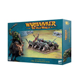 Teal game box shown from the front and right side, featuring painted green Orc riders on boars in a battle scene. The front reads “WARHAMMER THE OLD WORLD” and “ORC BOAR BOYZ MOB.”