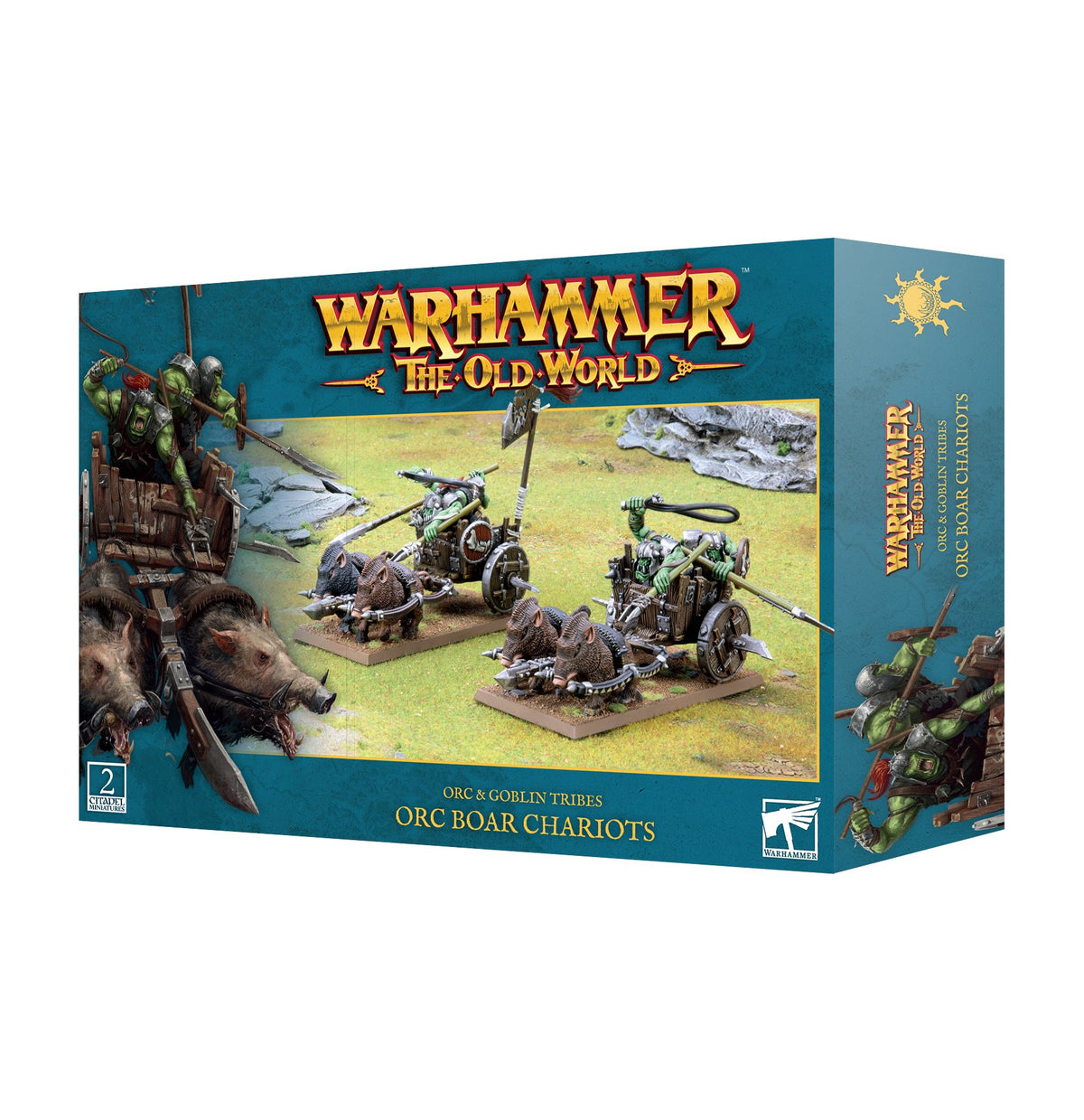 Teal Games Workshop box for Orc Boar Chariots, with front artwork showing two boar-drawn chariots crewed by green Orcs and a battle scene; the narrow side repeats the artwork. Gold lettering reads “WARHAMMER THE OLD WORLD” and “ORC BOAR CHARIOTS.”