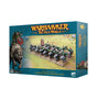 Teal Warhammer box shown at an angle, with the front and right side visible. The front depicts green goblins riding gray wolves in a group, with a larger goblin and wolf illustration at left; text reads “WARHAMMER THE OLD WORLD” and “GOBLIN WOLF RIDER MOB.”