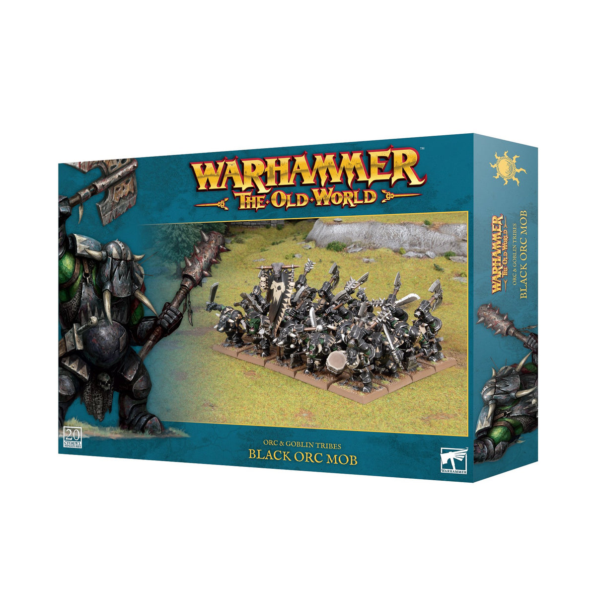 Teal Games Workshop box for Black Orc Mob miniatures, shown from the front and right side. The front features a group of armored orc figures on a grassy field and an illustrated armored orc; text reads “WARHAMMER THE OLD WORLD” and “BLACK ORC MOB.”