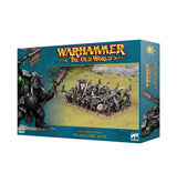 Teal Games Workshop box for Black Orc Mob miniatures, shown from the front and right side. The front features a group of armored orc figures on a grassy field and an illustrated armored orc; text reads “WARHAMMER THE OLD WORLD” and “BLACK ORC MOB.”