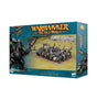Teal Games Workshop box for Black Orc Mob miniatures, shown from the front and right side. The front features a group of armored orc figures on a grassy field and an illustrated armored orc; text reads “WARHAMMER THE OLD WORLD” and “BLACK ORC MOB.”
