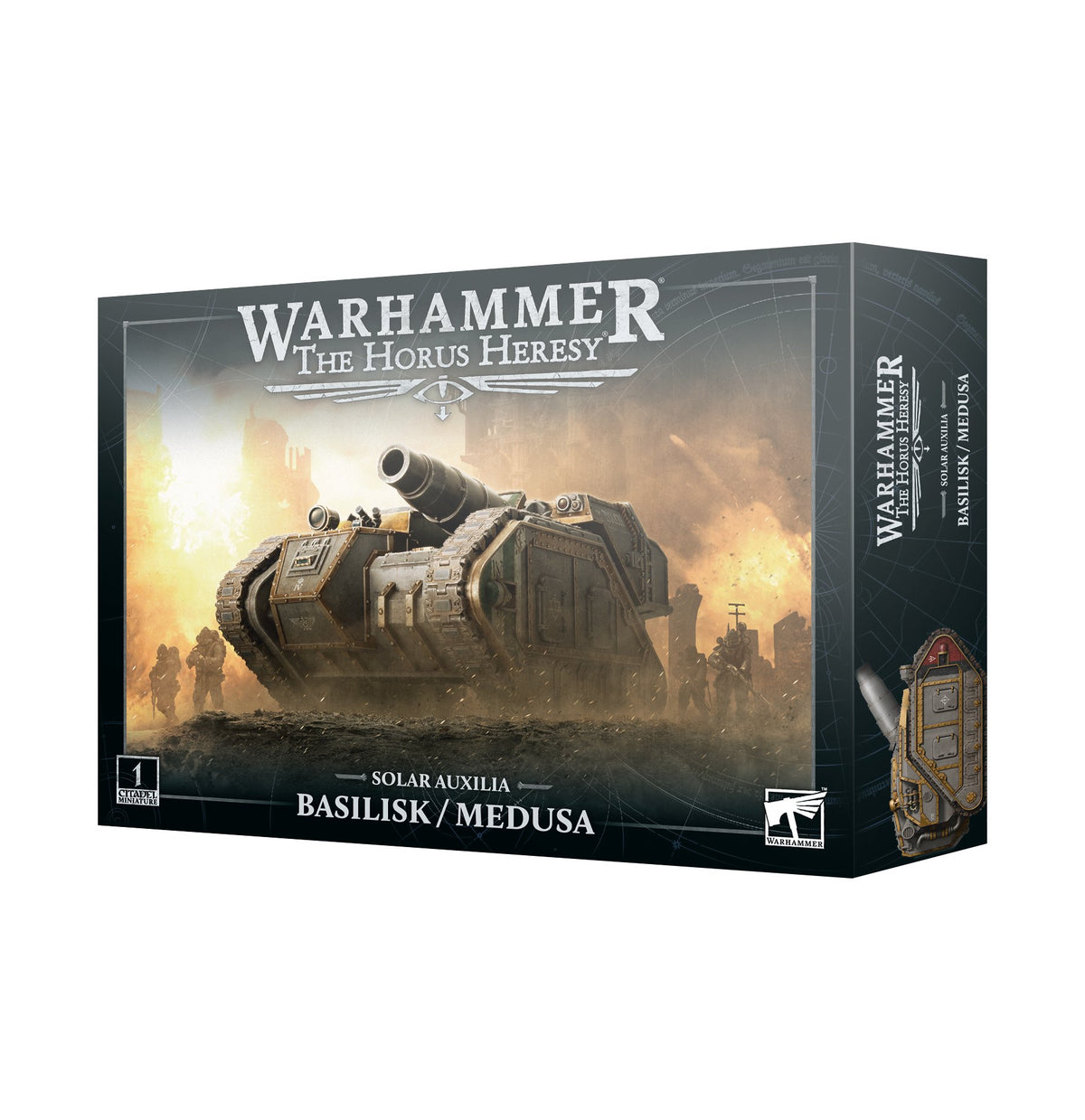 Box for the Solar Auxilia Basilisk/Medusa miniature kit, shown from the front and right side. The front depicts a large gray armored artillery tank with a cannon and small soldiers in a dusty battlefield, with the text “WARHAMMER THE HORUS HERESY” and “SOLAR AUXILIA BASILISK / MEDUSA.”