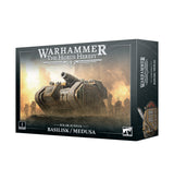 Box for the Solar Auxilia Basilisk/Medusa miniature kit, shown from the front and right side. The front depicts a large gray armored artillery tank with a cannon and small soldiers in a dusty battlefield, with the text “WARHAMMER THE HORUS HERESY” and “SOLAR AUXILIA BASILISK / MEDUSA.”