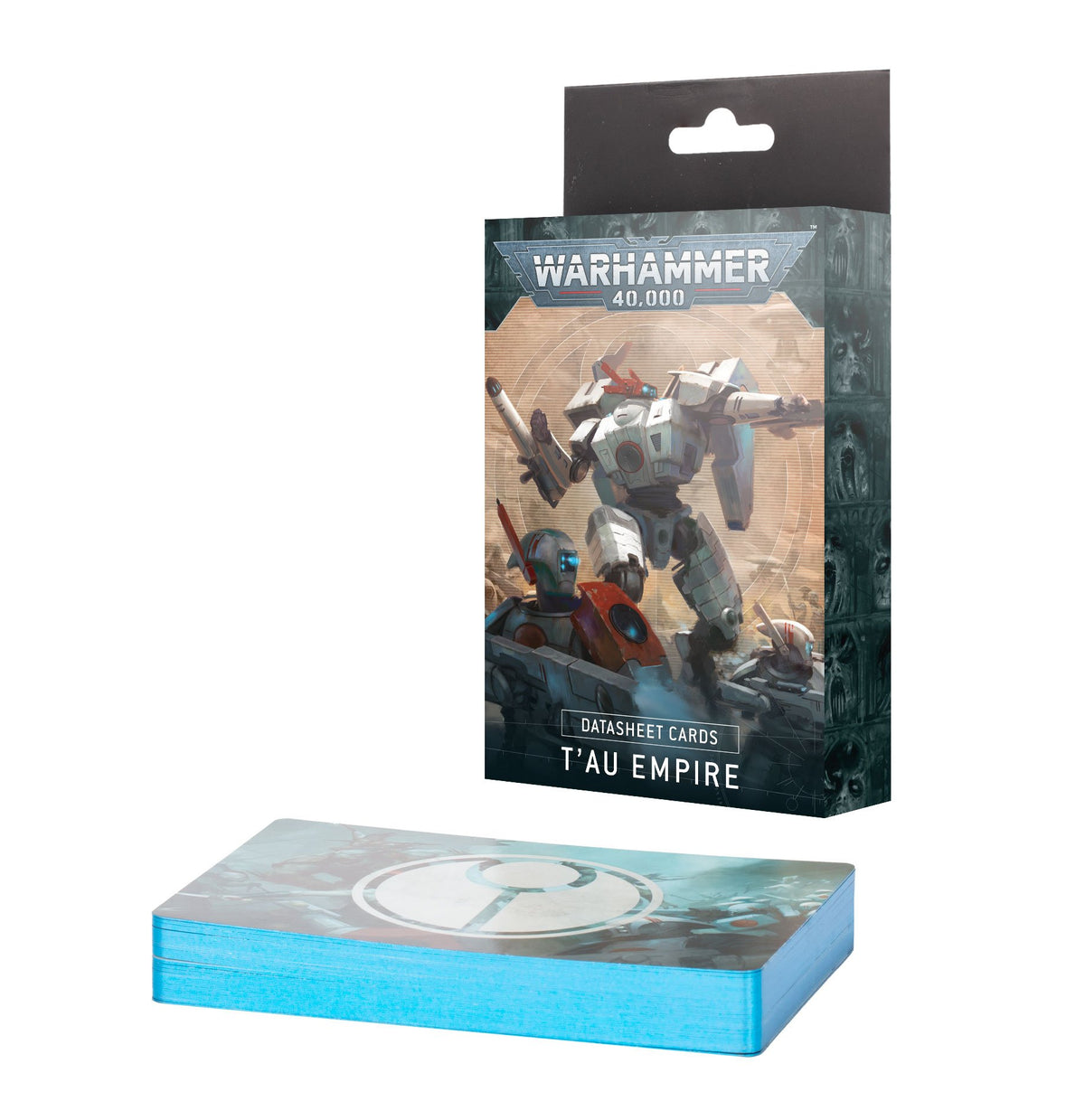 T’au Empire datasheet cards shown with a standing package behind a thick stack of cards with bright blue edges and a circular emblem on top. The package artwork features a large white-and-gray armored mech and smaller figures, with the text “WARHAMMER 40,000,” “DATASHEET CARDS,” and “T’AU EMPIRE.”