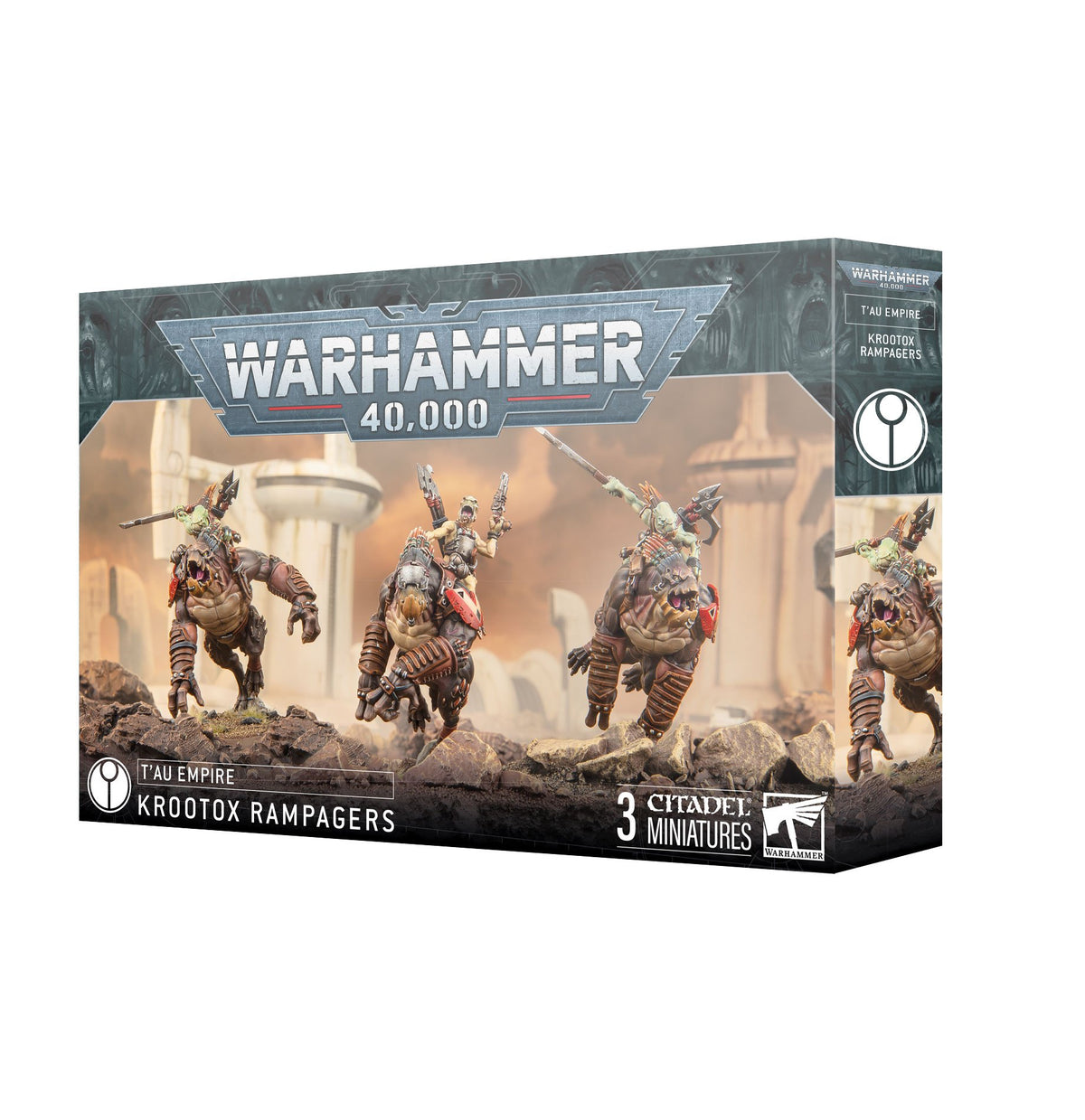 A Warhammer 40,000 Krootox Rampagers miniatures box, shown from the front and right side. The front depicts three armed riders on bulky, tusked creatures; visible text includes “WARHAMMER 40,000,” “KROOTOX RAMPAGERS” and “3 CITADEL MINIATURES.”