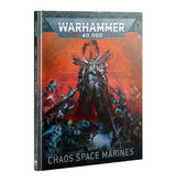 Hardcover Warhammer 40,000 Codex: Chaos Space Marines book shown upright at a slight angle, with dark teal edges and a red-orange cover depicting an armored, horned warrior above other fighters. The cover reads “WARHAMMER 40,000” and “CODEX CHAOS SPACE MARINES.”