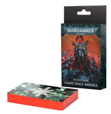 Chaos Space Marine datasheet cards shown with a black hanging package featuring red and blue armored-warrior artwork and the text “WARHAMMER 40,000,” “DATASHEET CARDS” and “CHAOS SPACE MARINES.” A stack of cards with bright red edges and a dark illustrated top bearing a white symbol sits in front.