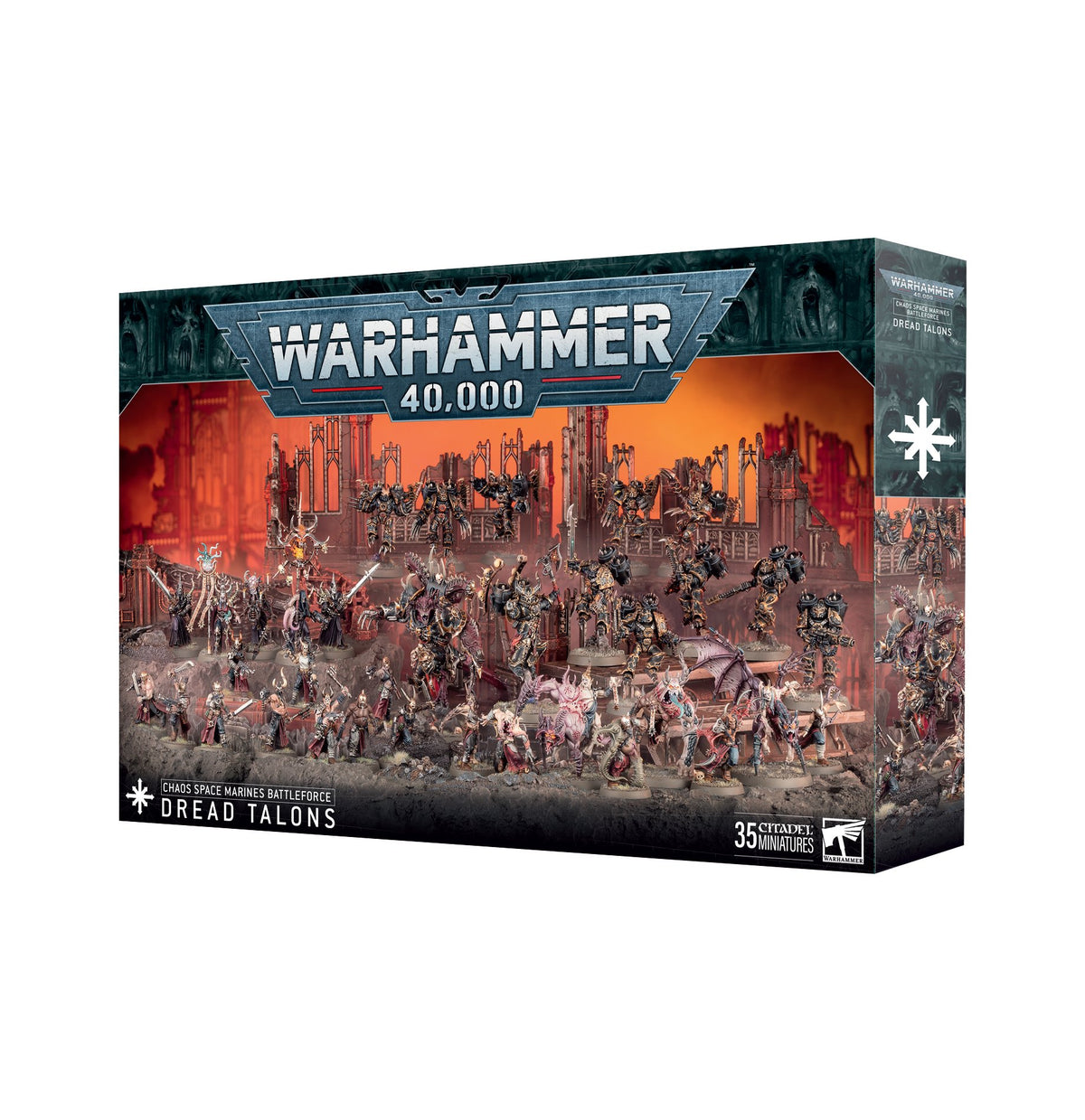 Boxed Chaos Space Marines Battleforce shown at an angle, with a wide front panel and narrow right side. The front depicts armored miniatures against a fiery orange-red backdrop and reads “WARHAMMER 40,000” and “DREAD TALONS”; the side has a white star-like emblem.