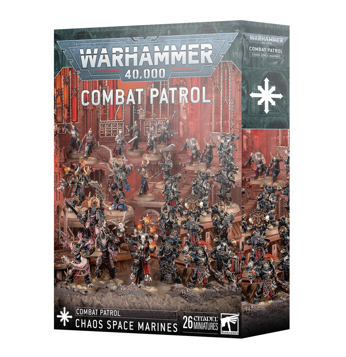 Combat Patrol: Chaos Space Marines box shown from the front and right side, with artwork of armored, spiked warriors and mutants in a red industrial setting. The front reads “WARHAMMER 40,000,” “COMBAT PATROL,” and “CHAOS SPACE MARINES.”