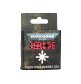 A dark, weathered box of Chaos Space Marines dice stands against a white background, with several red marbled dice and black markings visible through its window. The package reads “WARHAMMER 40,000” and “CHAOS SPACE MARINES DICE.”