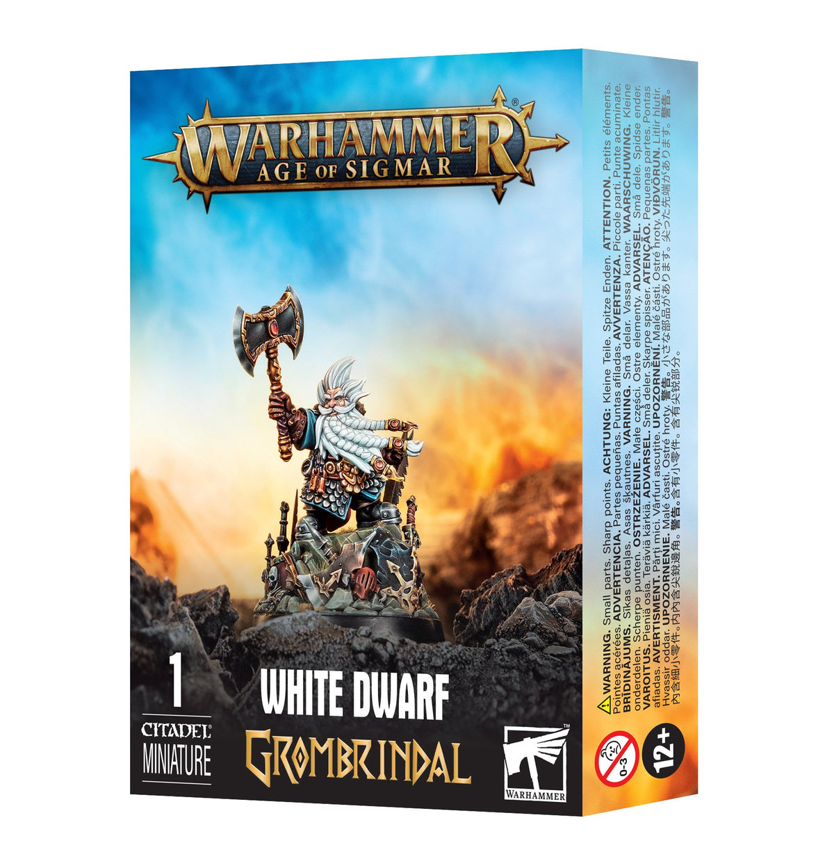 Box for a Citadel miniature, showing a white-haired, long-bearded dwarf in ornate armor raising an axe above rocky ground against a blue and fiery orange background. The front reads “WARHAMMER AGE OF SIGMAR,” “WHITE DWARF” and “GROMBRINDAL”; the narrow right side has warning text and a 12+ symbol.