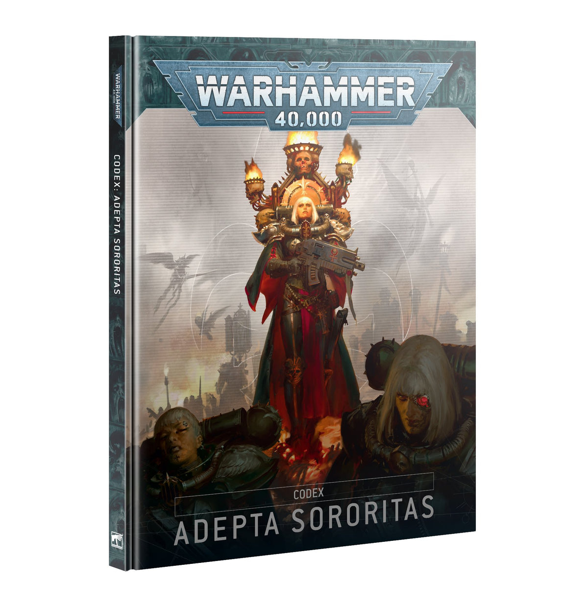 Angled view of the Codex: Adepta Sororitas book cover, featuring a red-and-gold armored woman holding a weapon, with two figures in the foreground and flames behind her. The cover reads “WARHAMMER 40,000” and “CODEX ADEPTA SORORITAS.”
