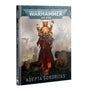 Angled view of the Codex: Adepta Sororitas book cover, featuring a red-and-gold armored woman holding a weapon, with two figures in the foreground and flames behind her. The cover reads “WARHAMMER 40,000” and “CODEX ADEPTA SORORITAS.”