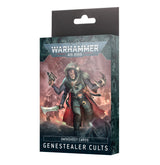 A tall, dark teal box of Genestealer Cults datasheet cards, shown upright with a black hanging tab. The cover depicts an armed sci-fi figure in a helmet and red cloak amid other figures, with the text “WARHAMMER 40,000,” “DATASHEET CARDS,” and “GENESTEALER CULTS.”