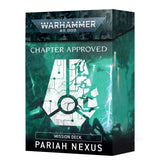 An upright Warhammer 40,000 mission deck box with dark teal and black artwork, a large cracked white map emblem and the text “CHAPTER APPROVED,” “MISSION DECK” and “PARIAH NEXUS.”