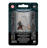 Front of a Warhammer 40,000 miniature package, with a dark teal and black backing and a small armored figure in brown robes holding a long weapon with a flame at its tip. The packaging reads “WARHAMMER 40,000” and “MINISTORUM PRIEST WITH VINDICTOR.”