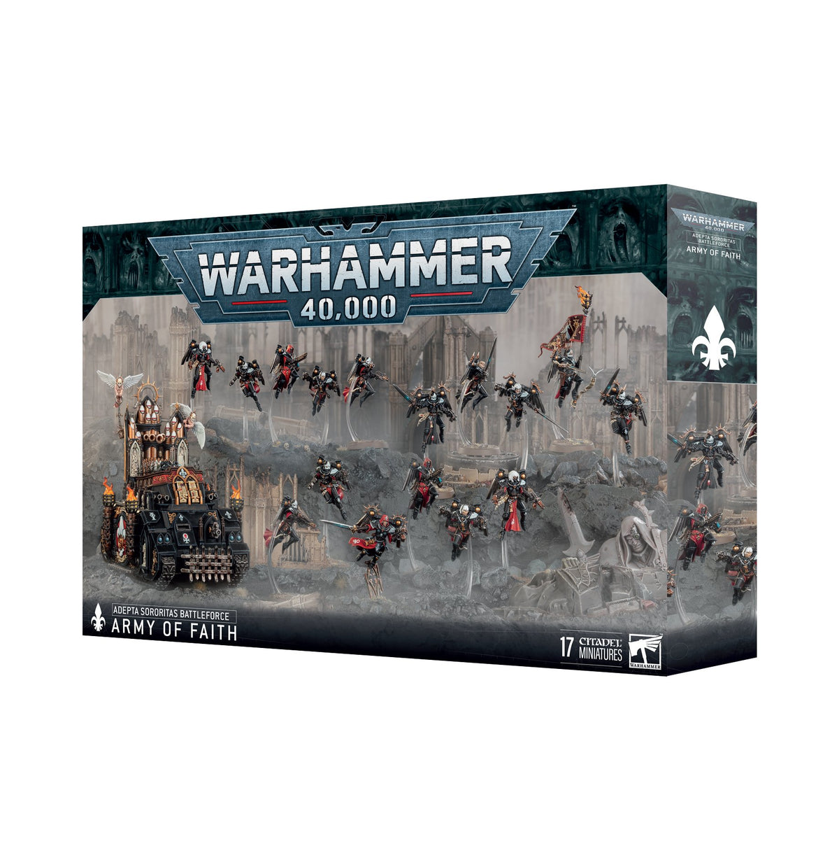 Warhammer 40,000: Army of Faith miniature set box shown from the front and right side, with artwork of armored figures in dark robes and red accents, a decorated tank, and a gray battlefield. The box reads “WARHAMMER 40,000,” “ARMY OF FAITH,” and “17 CITADEL MINIATURES.”
