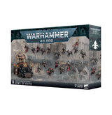 Warhammer 40,000: Army of Faith miniature set box shown from the front and right side, with artwork of armored figures in dark robes and red accents, a decorated tank, and a gray battlefield. The box reads “WARHAMMER 40,000,” “ARMY OF FAITH,” and “17 CITADEL MINIATURES.”