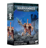 Warhammer 40,000 Shield-Captain miniature box, shown from the front and left side. The artwork features a gold-armored figure with red robes and crest, holding a long spear with a blue blade; the front reads “WARHAMMER 40,000” and “SHIELD-CAPTAIN.”