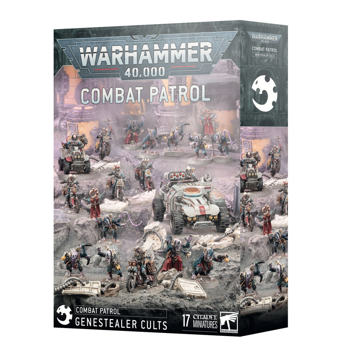 Front and right side of a Warhammer miniature set box, illustrated with armed sci-fi figures and a four-wheeled vehicle in a rocky scene. The front reads “WARHAMMER 40,000,” “COMBAT PATROL,” and “GENESTEALER CULTS,” with a white cult emblem on the side.