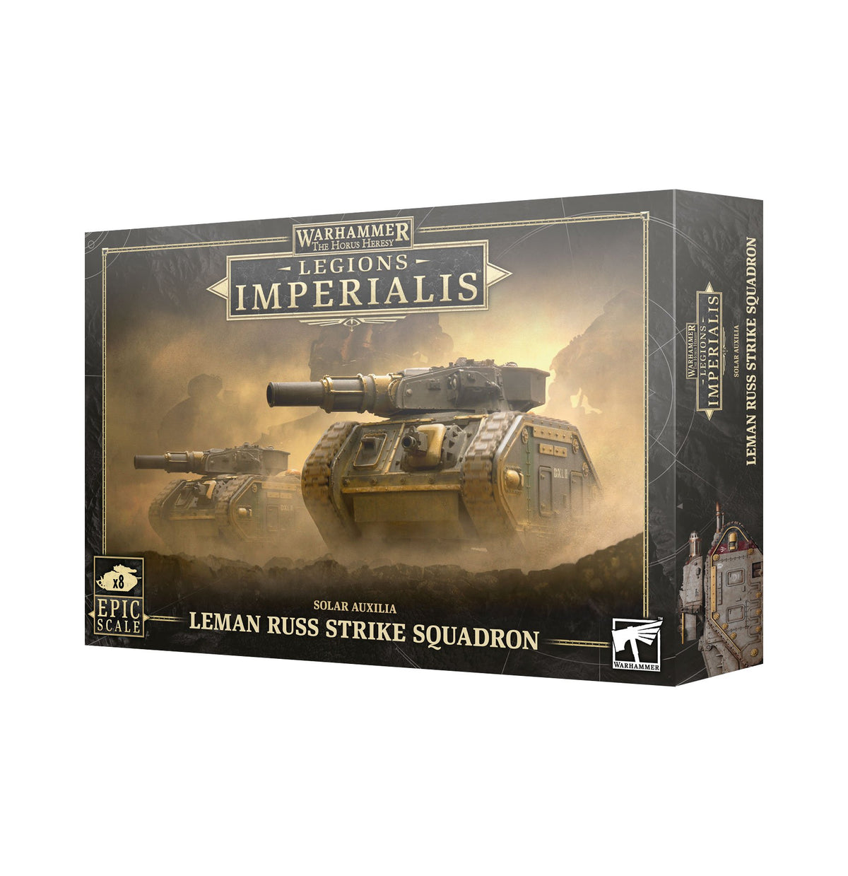 Box for the Leman Russ Strike Squadron, with two olive-drab tanks pictured against a smoky battlefield. The black-and-gold front reads “LEGIONS IMPERIALIS” and “LEMAN RUSS STRIKE SQUADRON,” with an “x8” badge; the narrow side panel shows more artwork and vertical lettering.