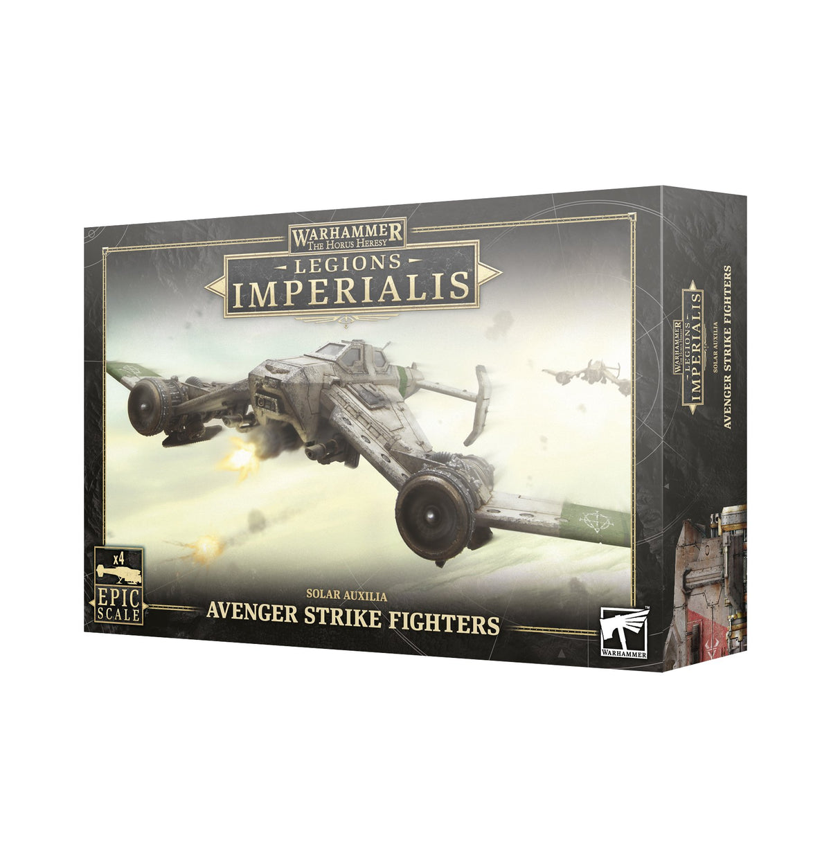 Box for a miniature game set, shown from the front and right side, with artwork of a gray Avenger fighter in flight. The front reads “LEGIONS IMPERIALIS” and “AVENGER STRIKE FIGHTERS,” with a gold “x4 EPIC SCALE” badge.