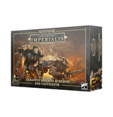 A rectangular Warhammer game box shown at an angle, with a dark front and right side. The front depicts two black-and-gold armored mechanical knights against smoky orange flames and reads “LEGIONS IMPERIALIS” and “CERASTUS KNIGHTS ACHERON AND CASTIGATOR.”