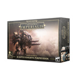 Box for Acastus Knights Porphyrion miniatures, shown from the front and right side. The dark package features artwork of a heavily armored, gun-equipped walking machine against smoky clouds, with gold lettering including “LEGIONS IMPERIALIS” and “ACASTUS KNIGHTS PORPHYRION.”