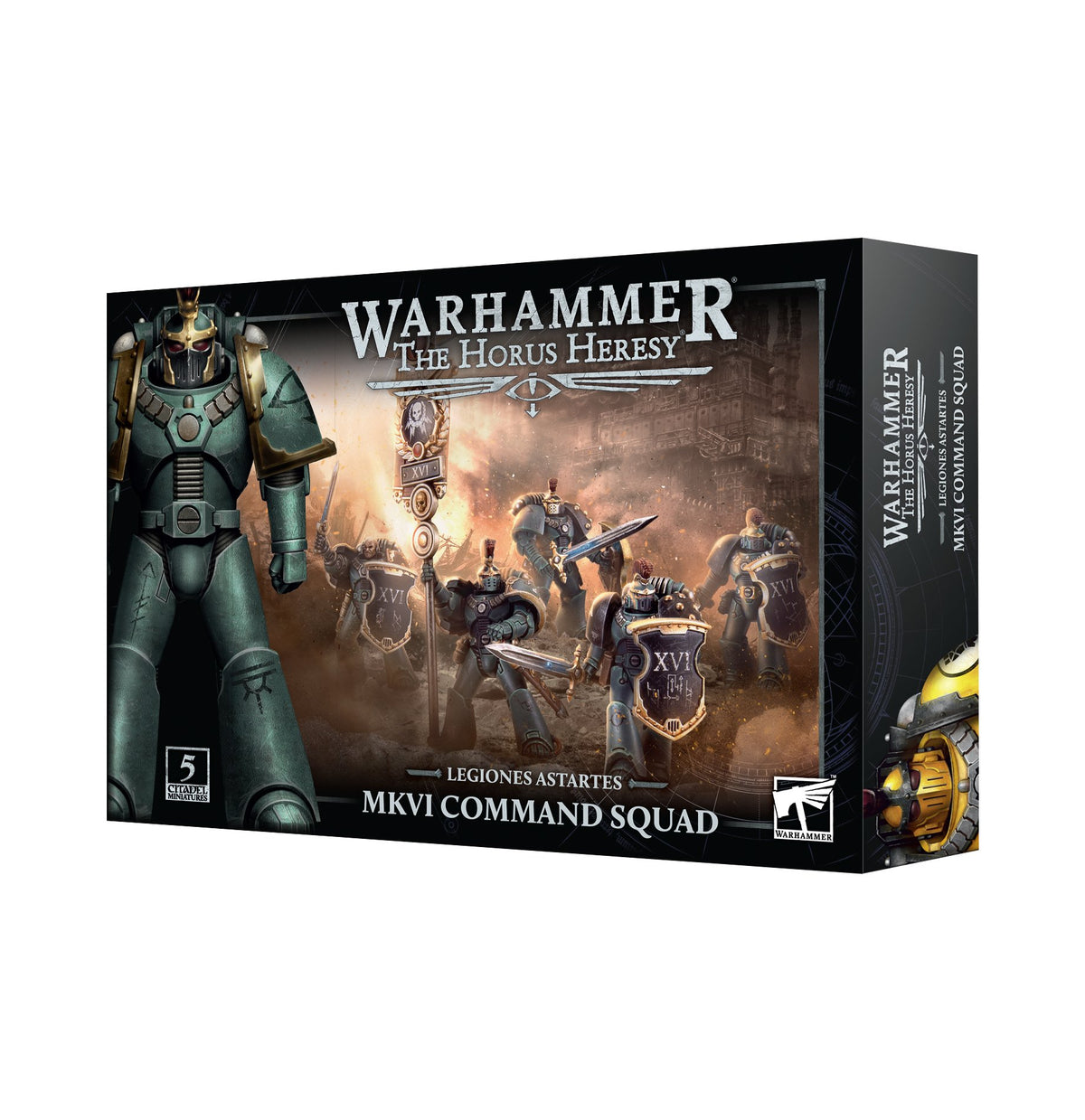 Box for a Warhammer Legiones Astartes MKVI Command Squad miniature kit, shown at an angle with the front and right side visible. Dark artwork depicts green-armored warriors; the front reads “WARHAMMER THE HORUS HERESY” and “LEGIONES ASTARTES MKVI COMMAND SQUAD.”