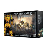 Angled box for a Warhammer miniature set, showing the front and right side. The artwork features yellow-armored warriors in battle and a large armored figure at left; the front reads “WARHAMMER THE HORUS HERESY” and “MKIII COMMAND SQUAD.”