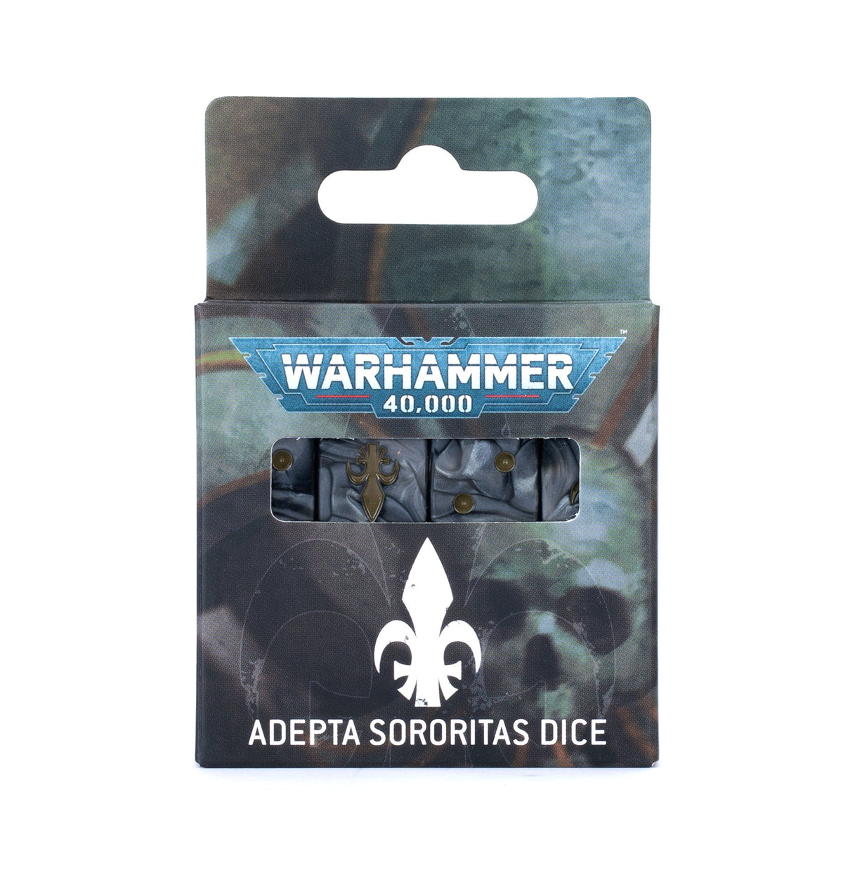 Packaged Adepta Sororitas dice in a dark blue-black box with a clear window showing dark marbled dice with bronze markings and a fleur-de-lys symbol. The box reads “WARHAMMER 40,000” and “ADEPTA SORORITAS DICE.”