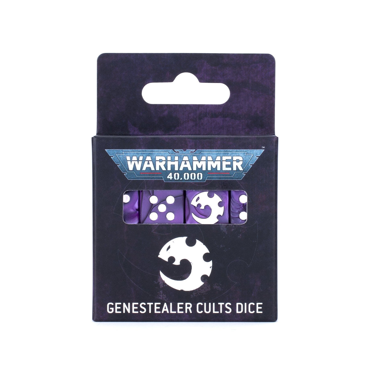 Front of a dark purple Warhammer 40,000 dice package with a window showing purple dice marked with white pips and a faction emblem; the box displays a large white emblem and the text “GENESTEALER CULTS DICE.”