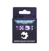 Front of a dark purple Warhammer 40,000 dice package with a window showing purple dice marked with white pips and a faction emblem; the box displays a large white emblem and the text “GENESTEALER CULTS DICE.”