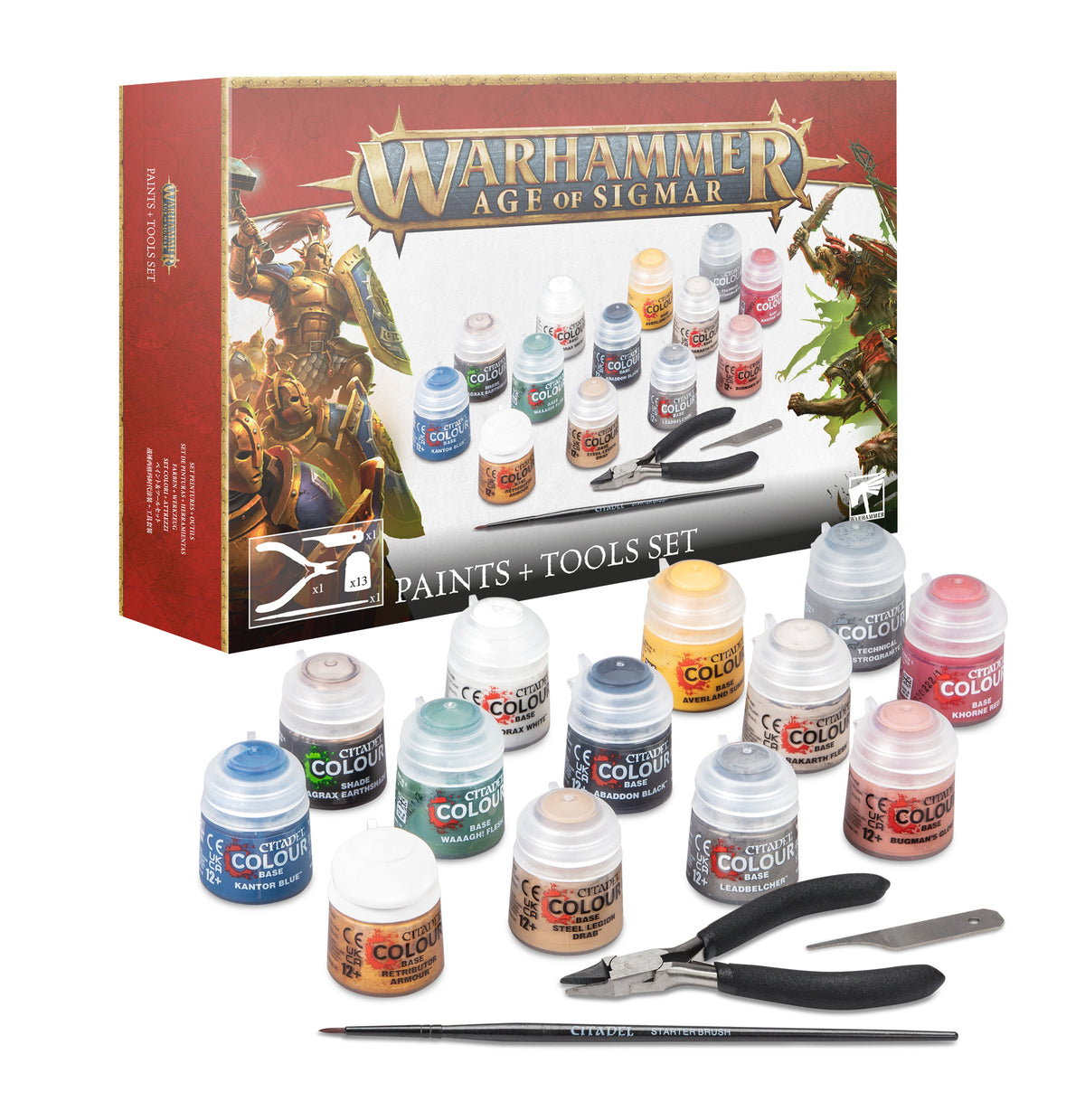 Warhammer Age of Sigmar paint set shown with a red illustrated box behind an assortment of paint pots, black clippers, a metal scraper and a thin brush. The box reads “WARHAMMER AGE OF SIGMAR” and “PAINTS + TOOLS SET.”