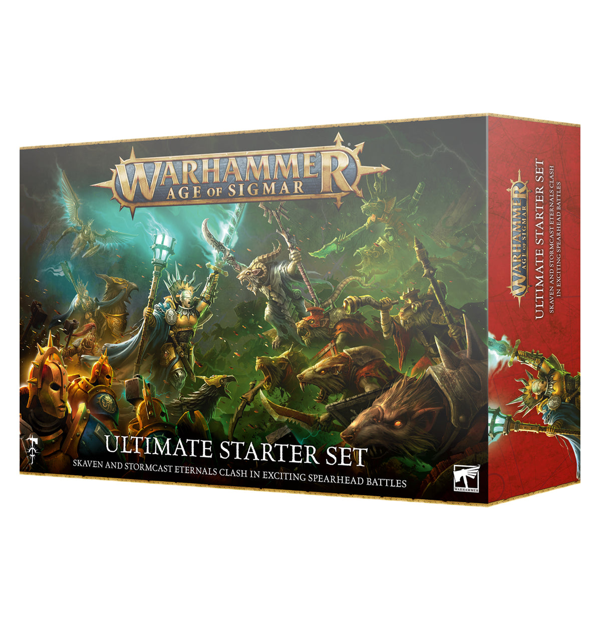 Warhammer Age of Sigmar Ultimate Starter Set box shown from the front and right side. The dark green front features gold-armored warriors facing ratlike creatures, with the text “WARHAMMER AGE OF SIGMAR” and “ULTIMATE STARTER SET”; the side panel is red with matching battle artwork.