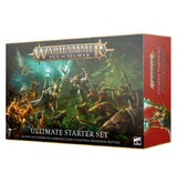 Warhammer Age of Sigmar Ultimate Starter Set box shown from the front and right side. The dark green front features gold-armored warriors facing ratlike creatures, with the text “WARHAMMER AGE OF SIGMAR” and “ULTIMATE STARTER SET”; the side panel is red with matching battle artwork.