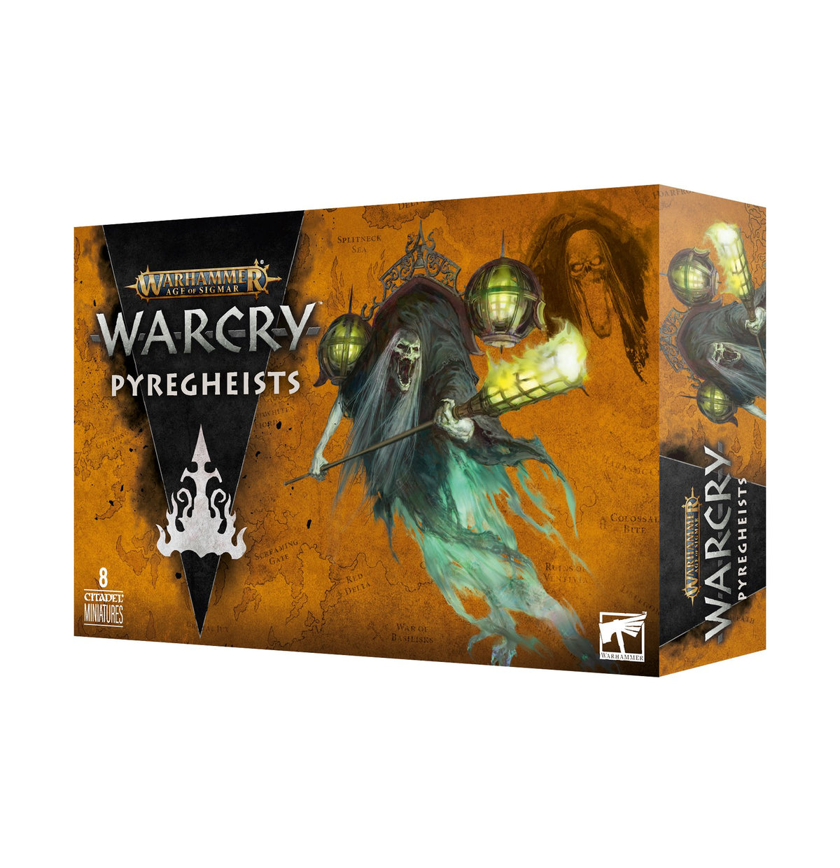 Warcry: Pyregheists game box shown from the front and right side, with orange-brown map-like artwork and a hooded blue-green ghost holding a long weapon among glowing green lanterns. The front reads “WARCRY” and “PYREGHEISTS,” with “8 CITADEL MINIATURES” at lower left.