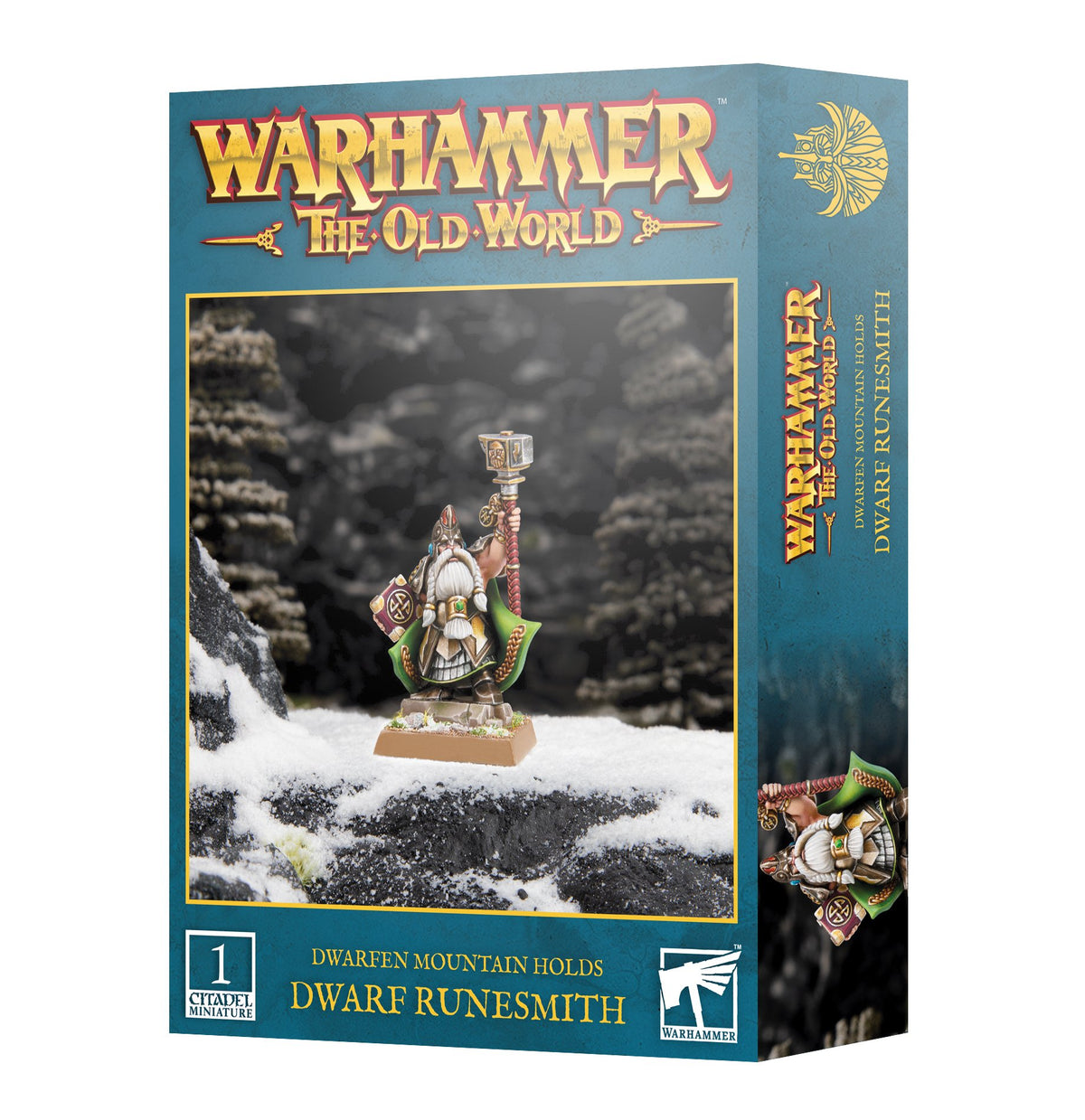 Teal Warhammer box showing a bearded dwarf in armor holding a hammer aloft and a shield, standing on a snowy rocky base. The front reads “WARHAMMER THE OLD WORLD” and “DWARF RUNESMITH”; the narrow side panel shows another view of the miniature.