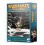 Teal Warhammer box showing a bearded dwarf in armor holding a hammer aloft and a shield, standing on a snowy rocky base. The front reads “WARHAMMER THE OLD WORLD” and “DWARF RUNESMITH”; the narrow side panel shows another view of the miniature.