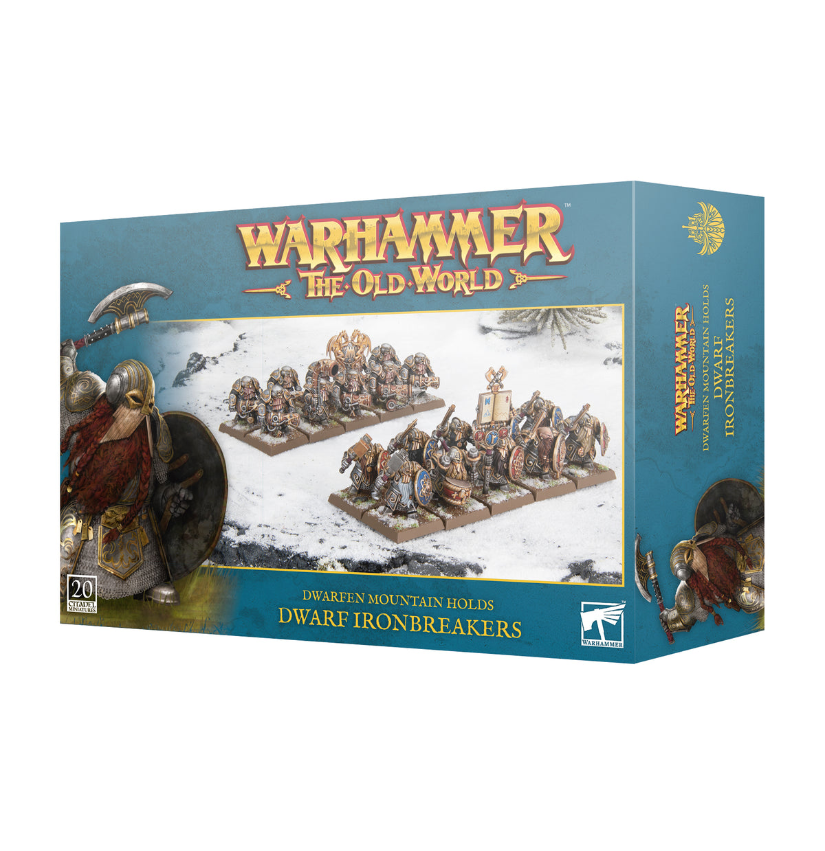 Blue Warhammer miniature box shown from the front and right side, with artwork of armored dwarf warriors in ranks on snowy ground and a large axe-and-shield-bearing dwarf at left. The front reads “WARHAMMER THE OLD WORLD” and “DWARF IRONBREAKERS.”