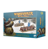 Teal Warhammer box shown from the front and right side, with artwork of armored dwarfs and ranks of miniature warriors carrying hammers and blue banners in a snowy scene. The front reads “WARHAMMER THE OLD WORLD” and “DWARF HAMMERERS.”