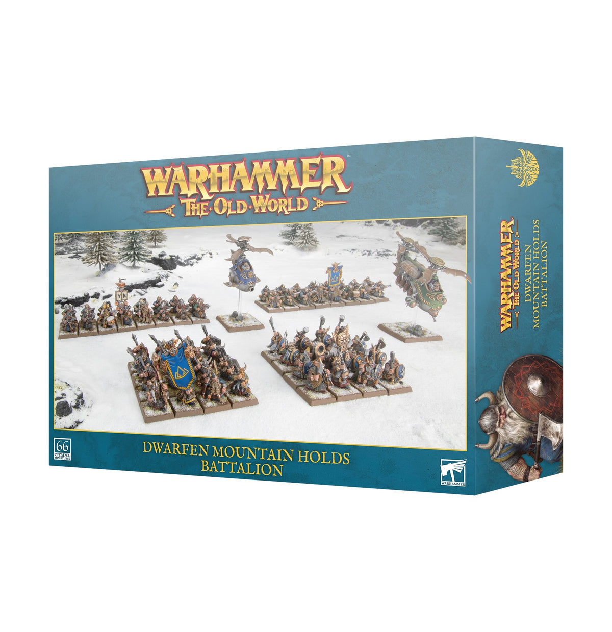 Teal-blue Warhammer box showing groups of armored dwarven miniatures on snowy terrain, with two flying machines above them; the side panel features a dwarf with a shield. The front reads “WARHAMMER THE OLD WORLD” and “DWARFEN MOUNTAIN HOLDS BATTALION.”